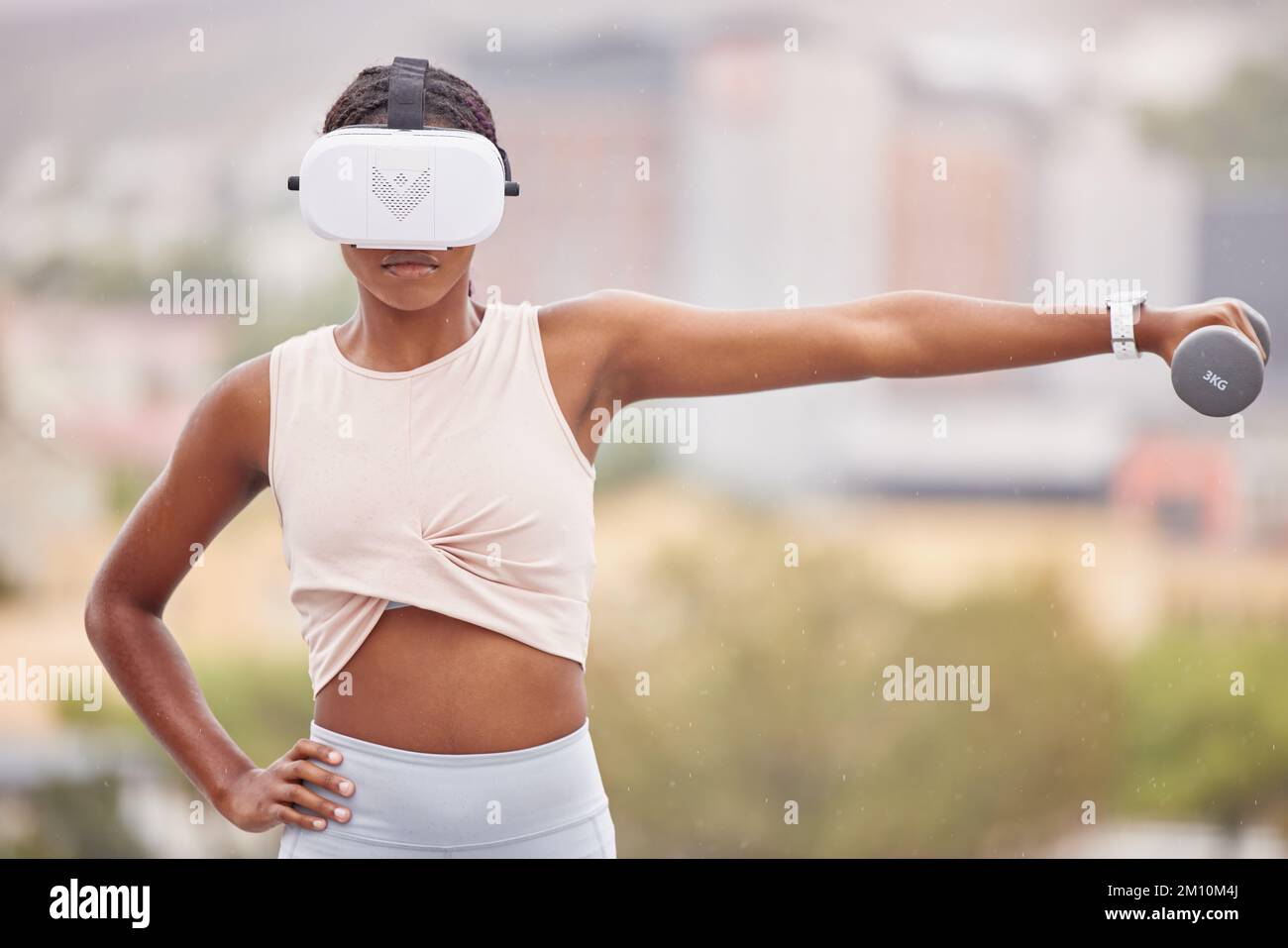 Virtual reality, fitness or black woman with a dumbbell, vr or 3d