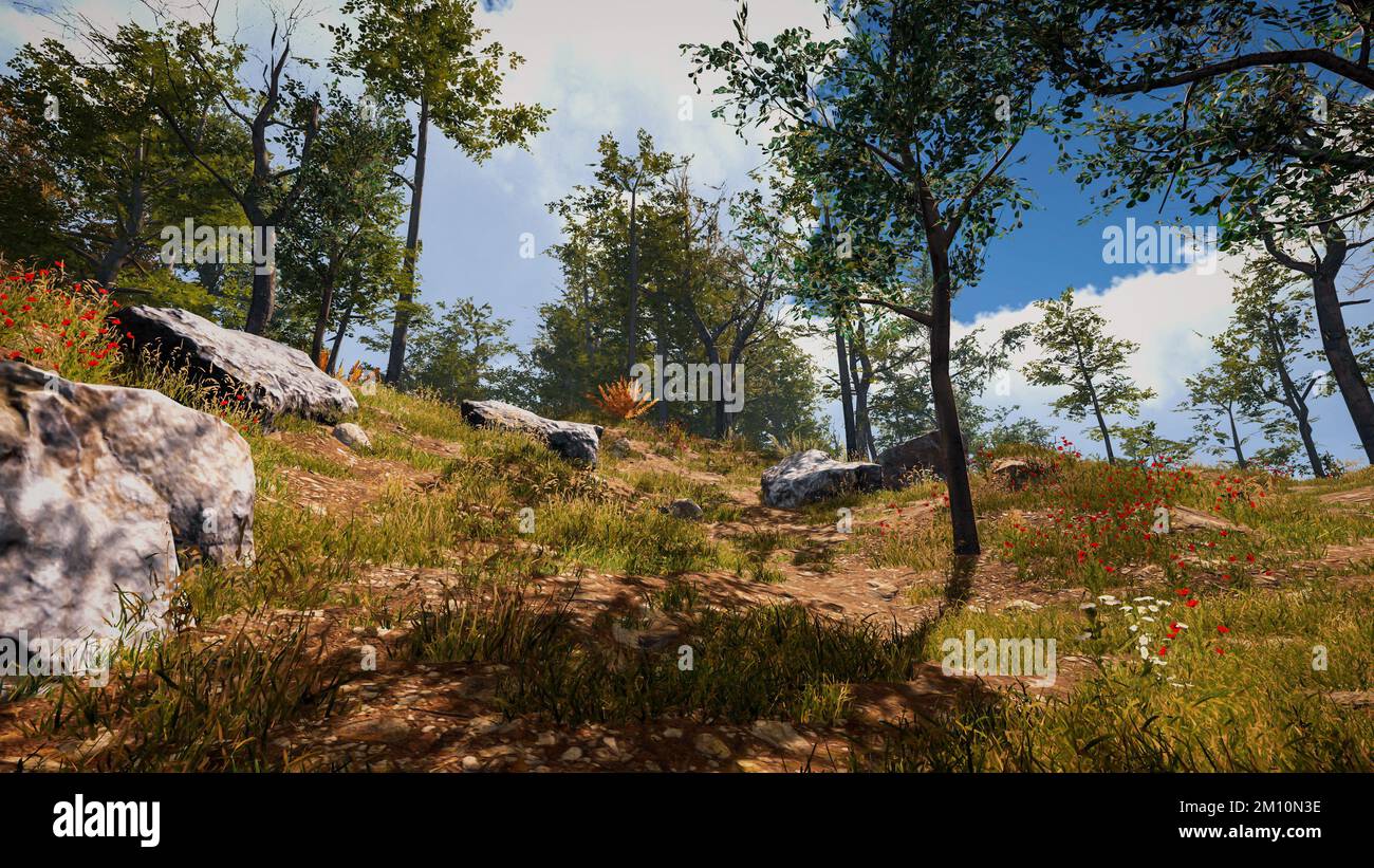 3D rendering. An immersive natural environment. Landscape to illustrate ...