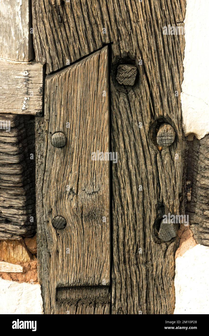 Detail of Joinery on timber frame of Abernodwydd Farmhouse, St Fagans National History Museum/Amgueddfa Werin Cymru, Cardiff, South Wales, UK. Stock Photo