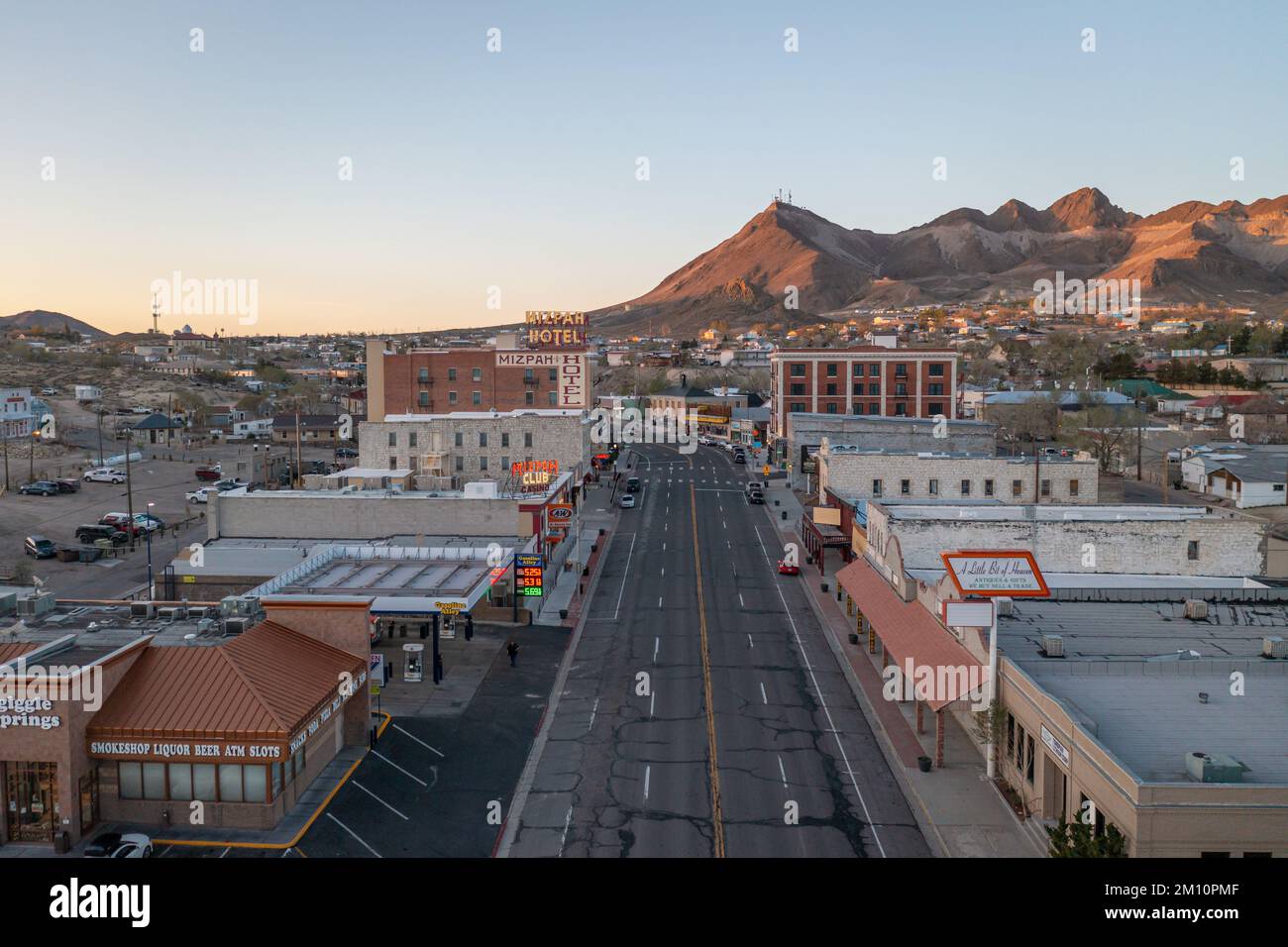 An aerial view of the streets and landscape of Tonopah's quaint