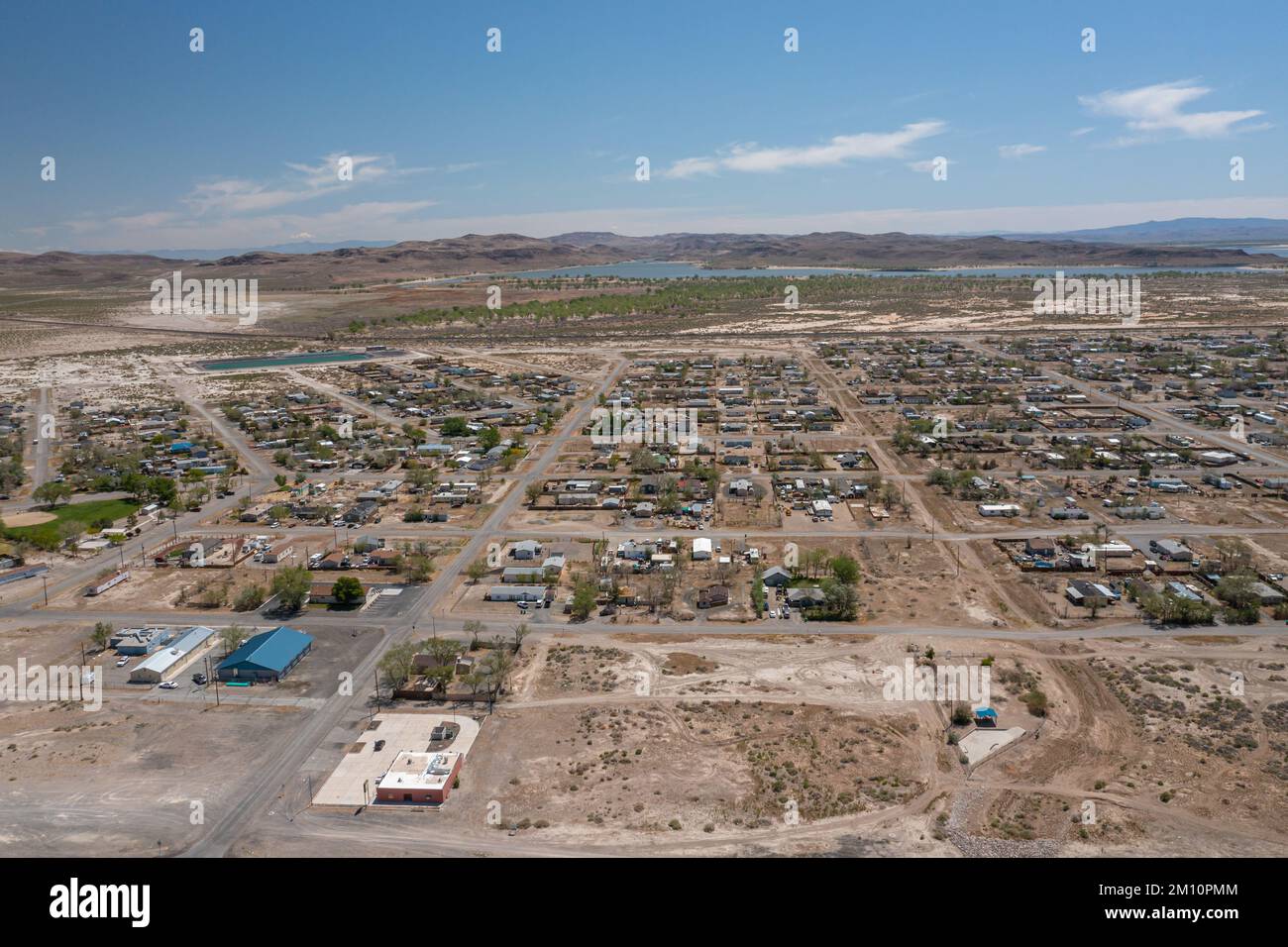 Aerial photos of the town of Silver Springs, Nevada stretching to Lake Lahontan Reservoir in