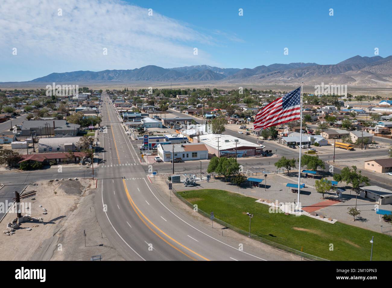 An aerial view of Highway 95 through Hawthorne, Nevada's downtown area