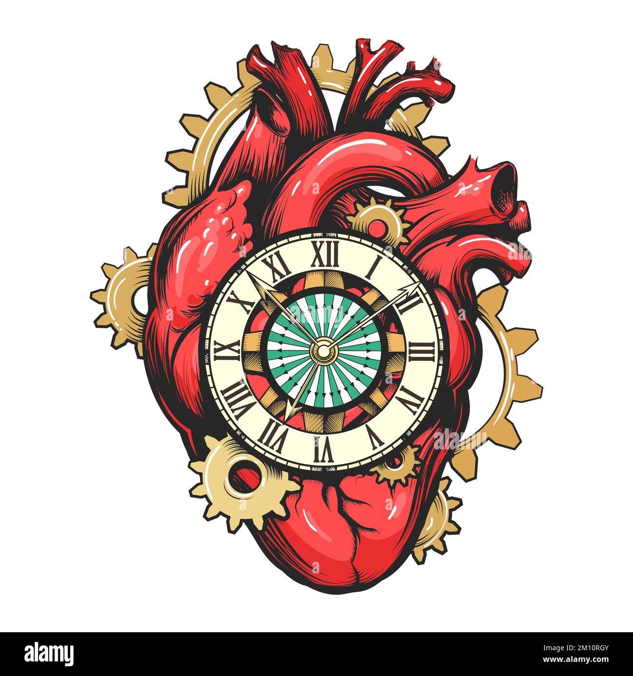 Tatto of Mechanical Heart with Clock face and Gears isolated on white. Vector illustration. Stock Vector