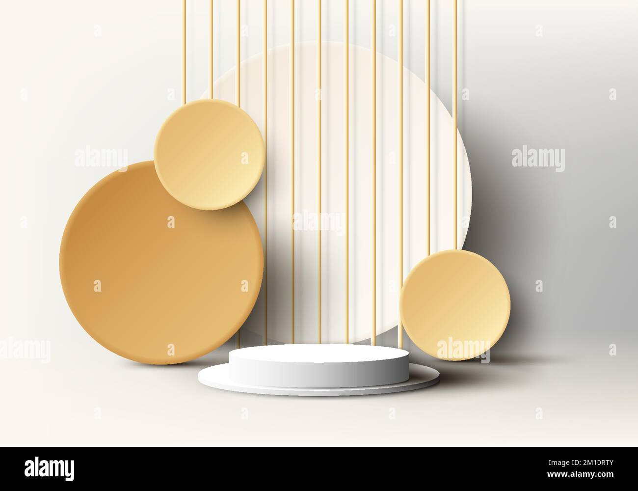 3D realistic empty white podium pedestal stand with yellow geometric circles backdrop on clean background with lighting and shadow. You can use for pr Stock Vector