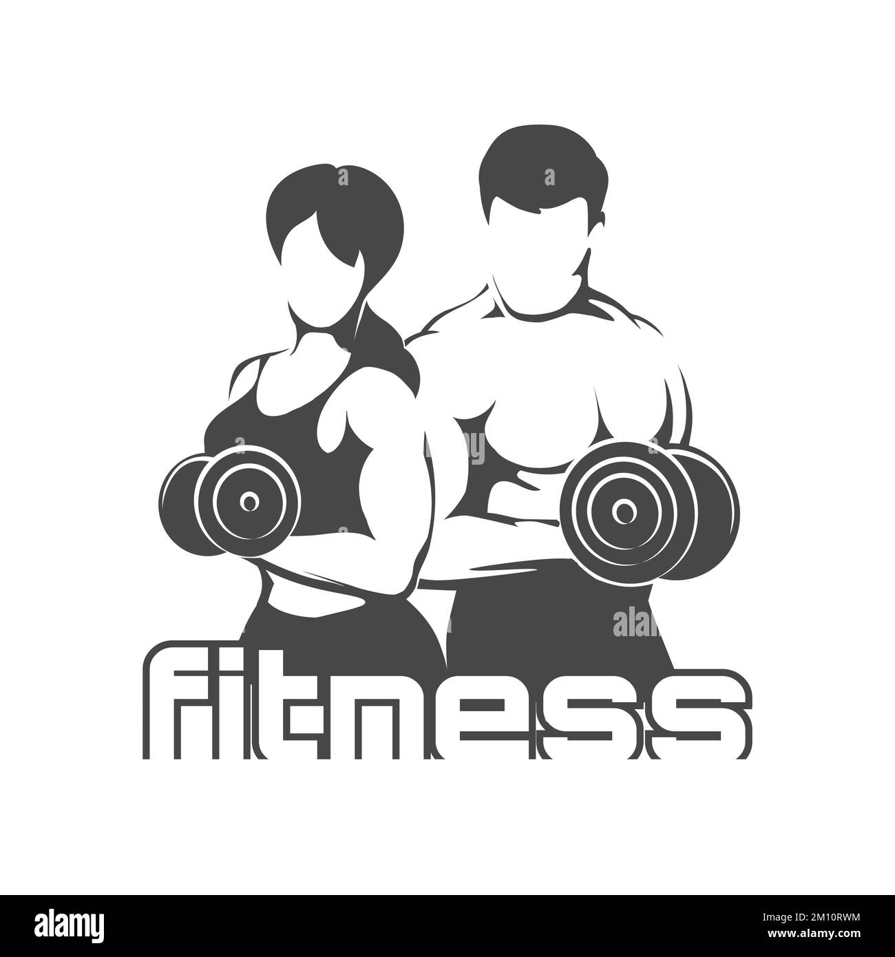 Fitness Logo with Training Bodybuilders. Man and Woman holds Dumbbells Isolated on White Stock Vector