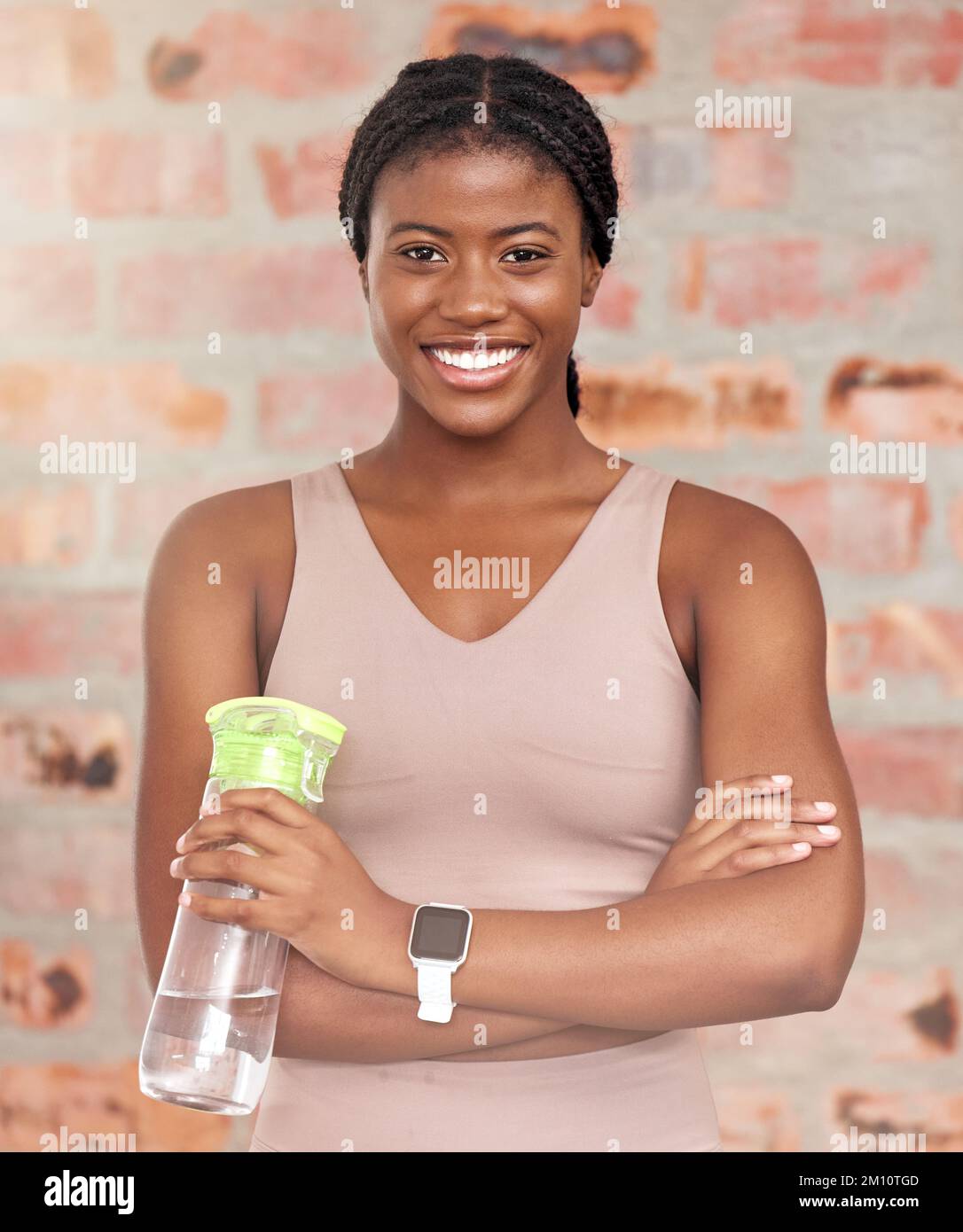 Fitness portrait or black woman with water bottle to start training routine cardio exercise or workout. Happy face gym or healthy sports girl ready Stock Photo Alamy