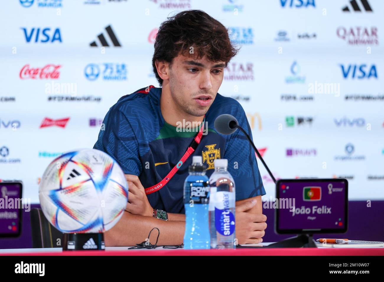 Doha, Qatar. 09th Dec, 2022. Joao Felix of Portugal speaks during the Portugal press conference on match day -1 at main media center on December 09, 2022 in Doha, Qatar. Credit: Brazil Photo Press/Alamy Live News Stock Photo