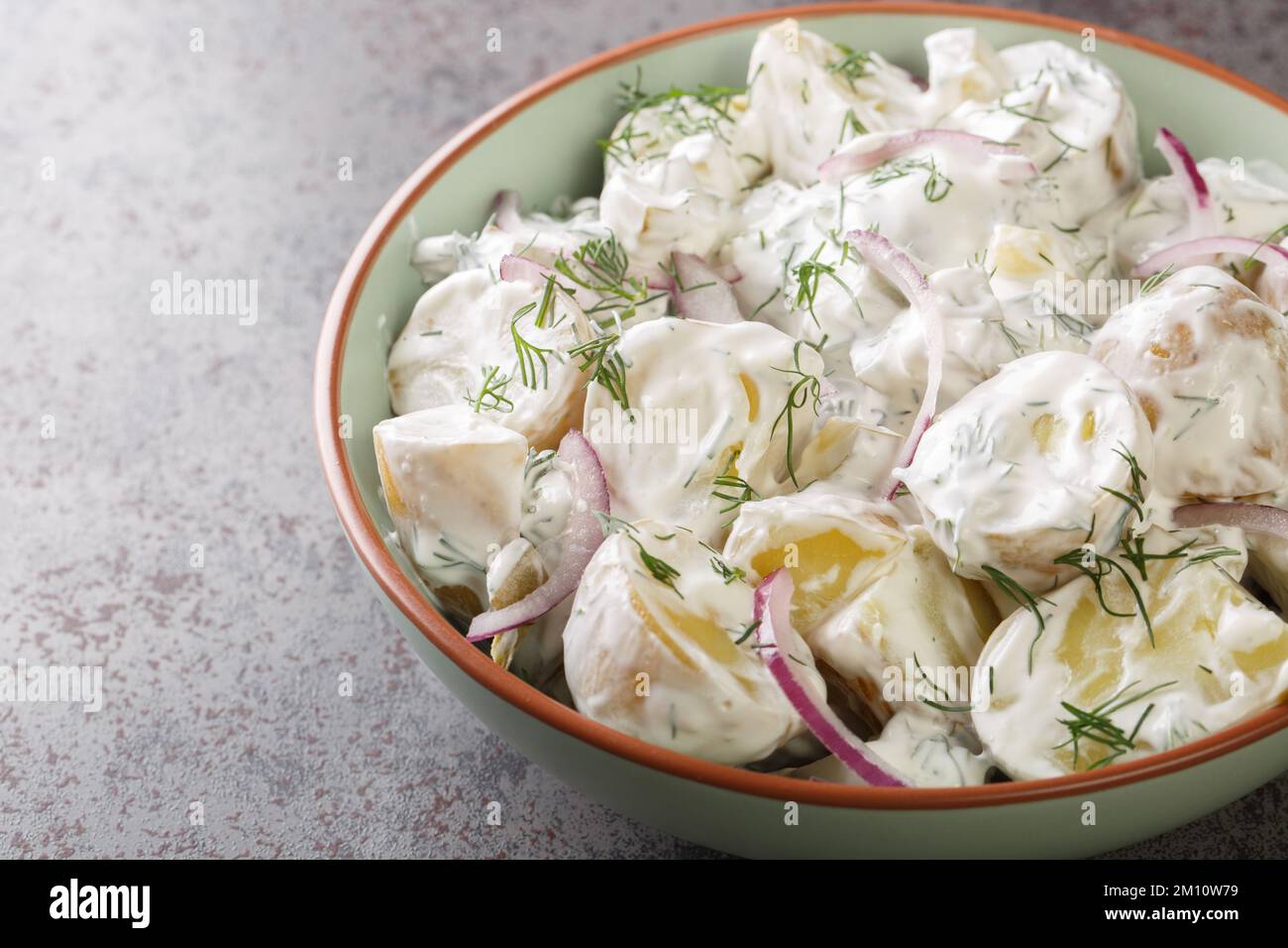 New potato salad with pickles, dill and red onion with sour cream dressing closeup in a plate