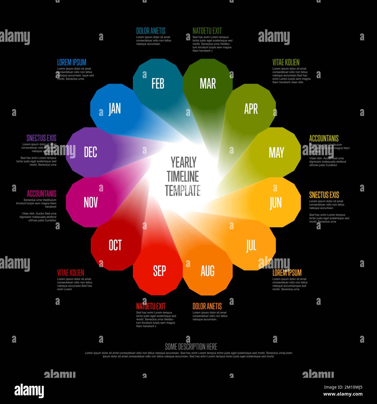 Full year timeline template with all rainbow colored months as circles
