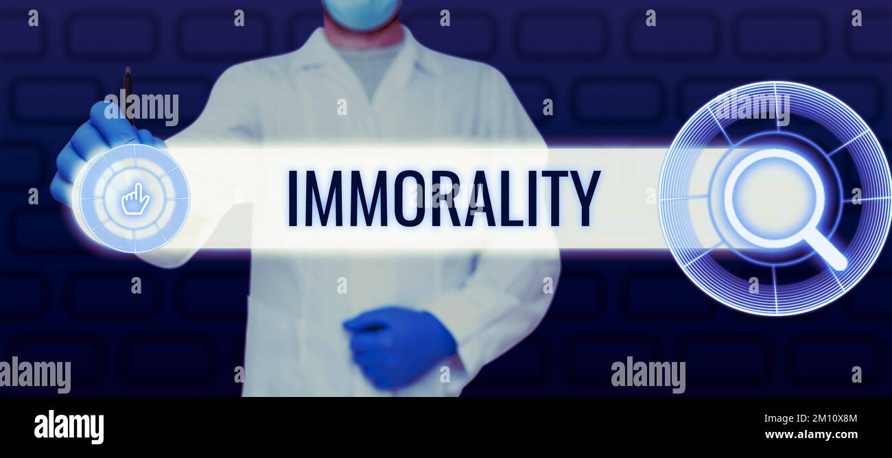 Conceptual display Immorality. Concept meaning the state or quality of being immoral, wickedness Stock Photo