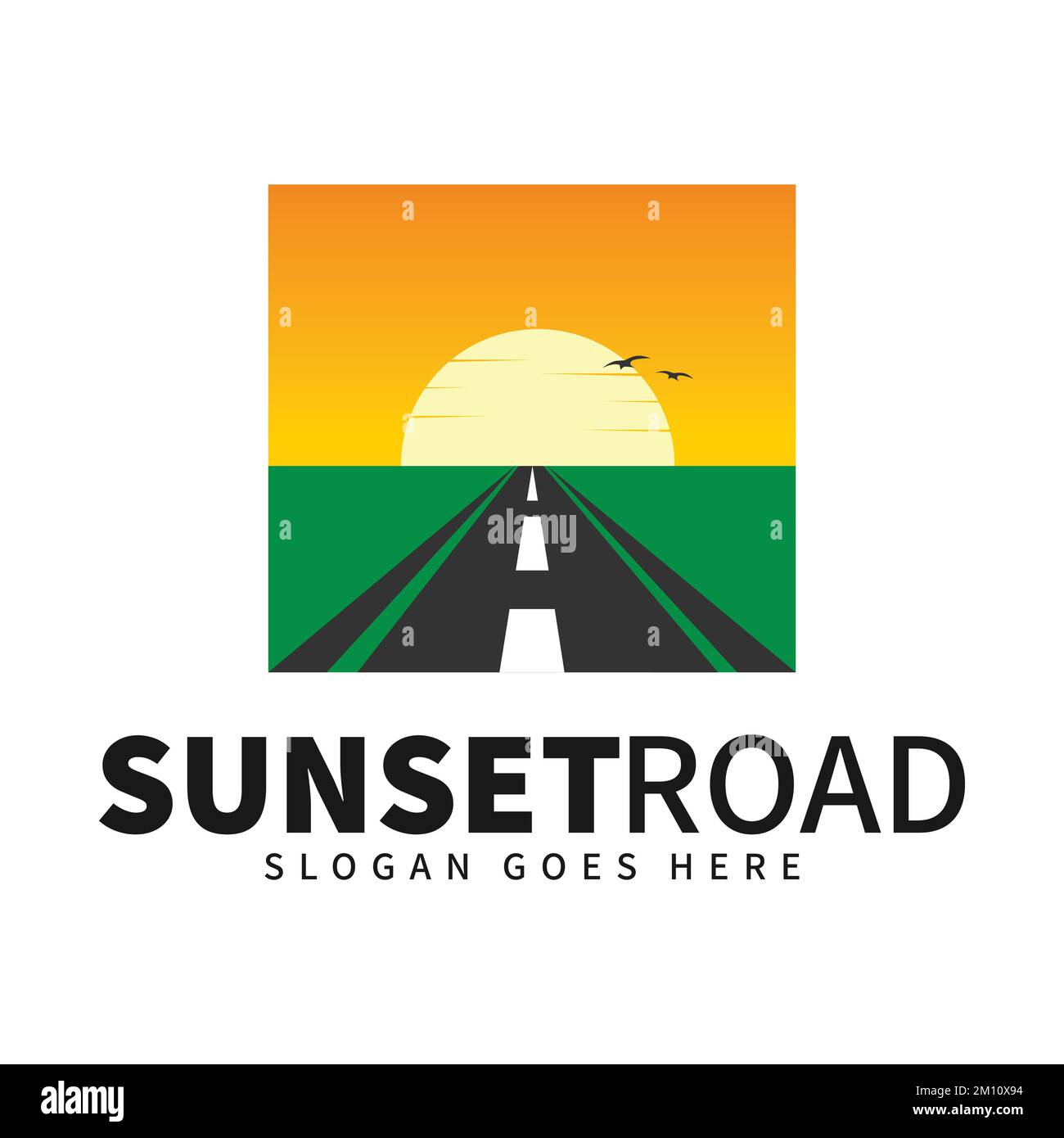Sunset road trip logo vector with highway travel icon and sunrise landscape Stock Vector