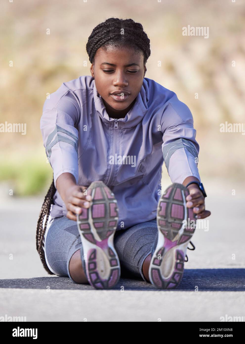 Exercise, black woman and stretching outdoor for wellness, health and
