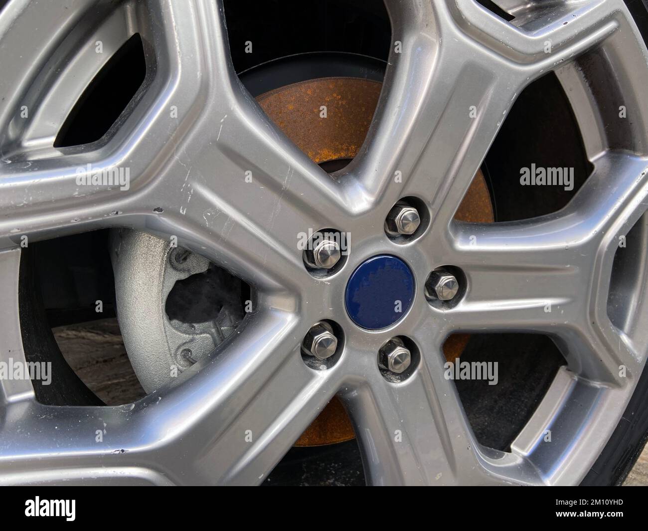 car brake disc and pad rusted after the rain Stock Photo Alamy