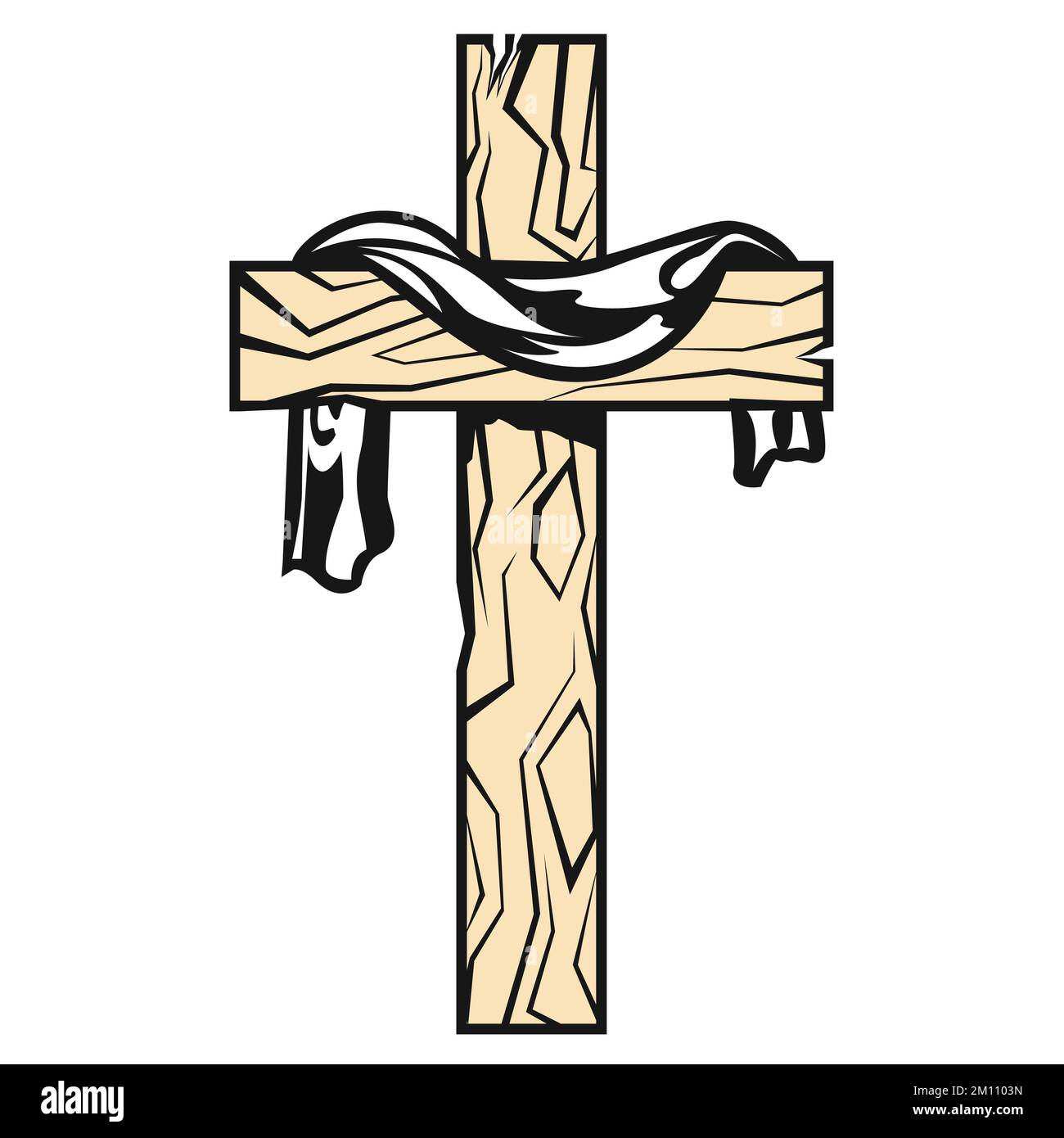 Cross with fabric on it, resurrection after crucifixion of Jesus, christianity symbol, vector Stock Vector