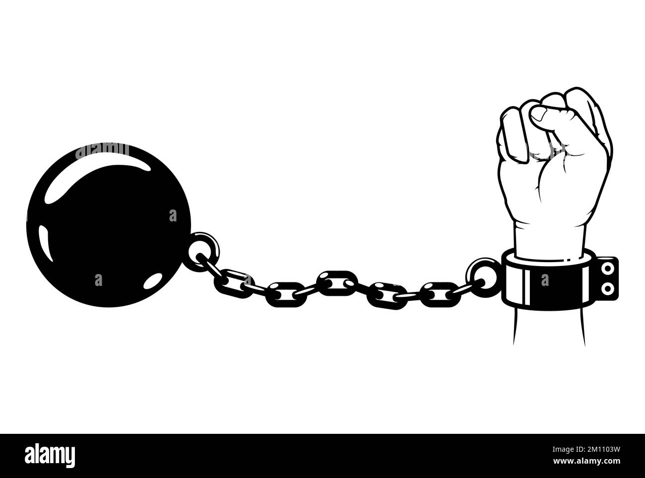 Shackles, hand with chain and weight metal ball, prisoner fetter on wrist, slavery, encumbrance or debt concept , vector Stock Vector