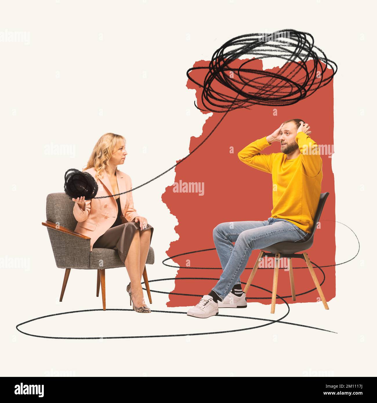 Contemporary art collage. Female psychologist helping man to organize tangled thoughts. Obsessive ideas, stress and depression Stock Photo