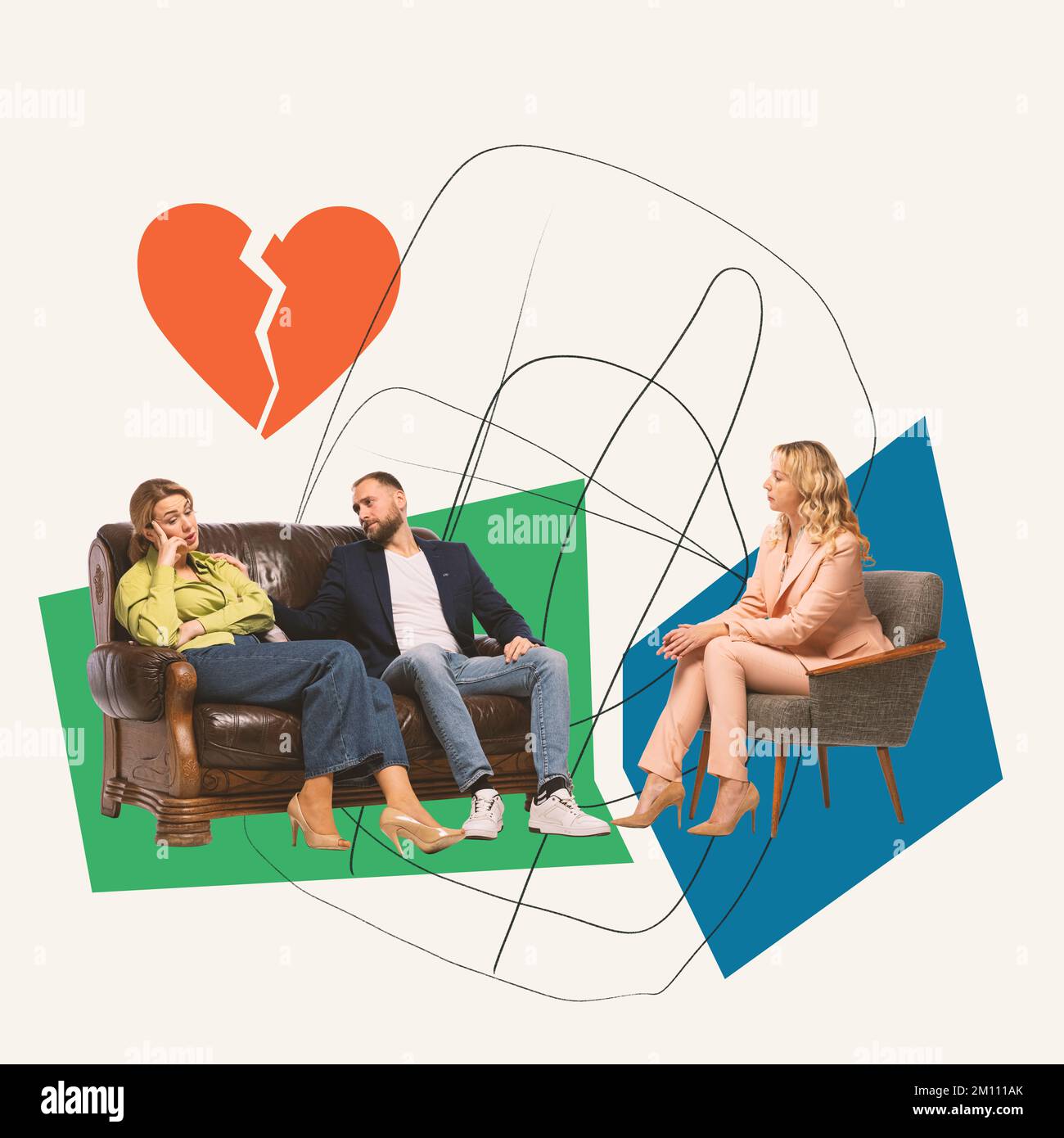 Contemporary art collage. Young couple visiting family psychologist to ...