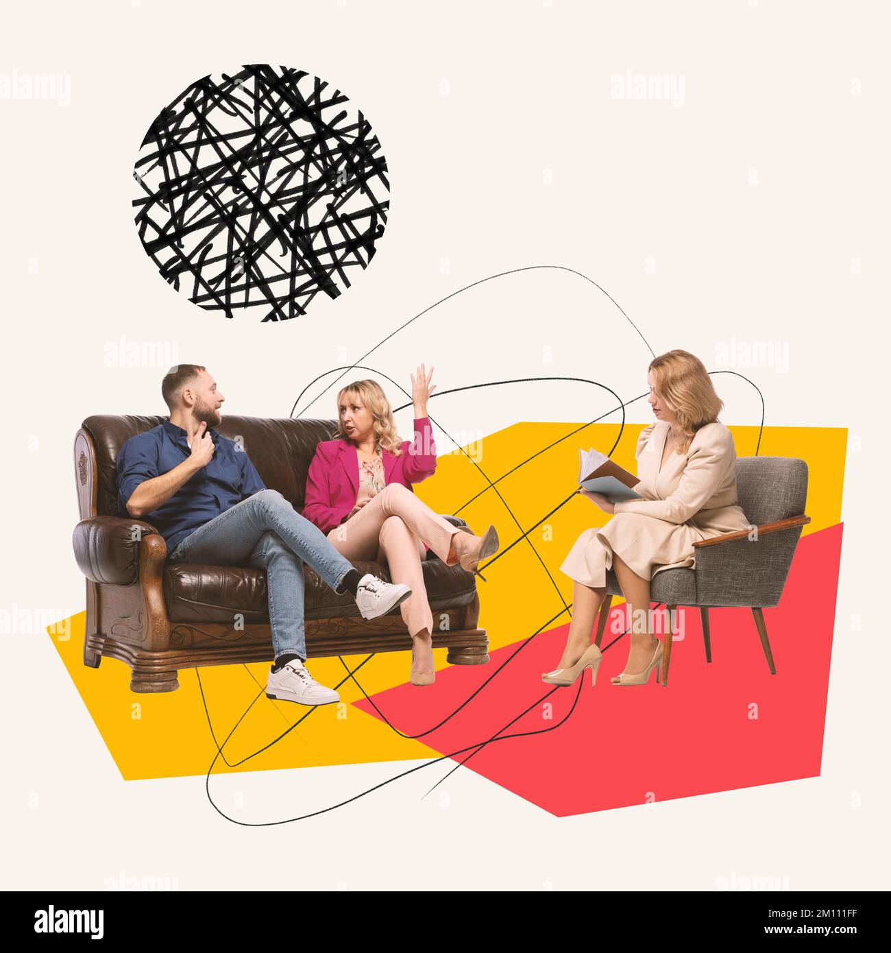 Contemporary art collage. Couple quarrels, emotional flow. Man and woman attending psychologist. Therapy session Stock Photo