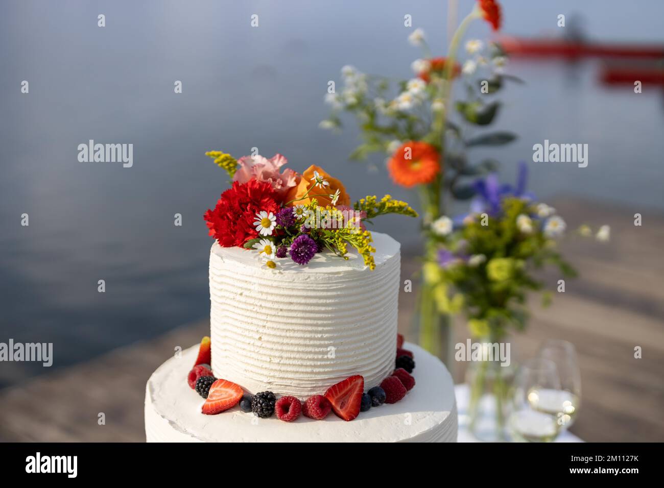 wedding cake details with redberries Stock Photo