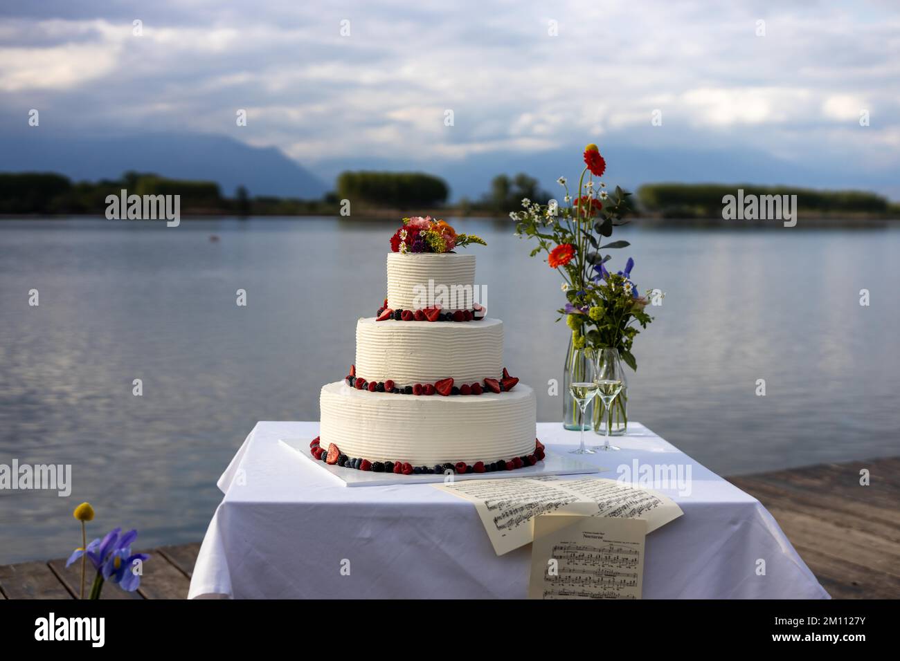 wedding cake details with redberries Stock Photo