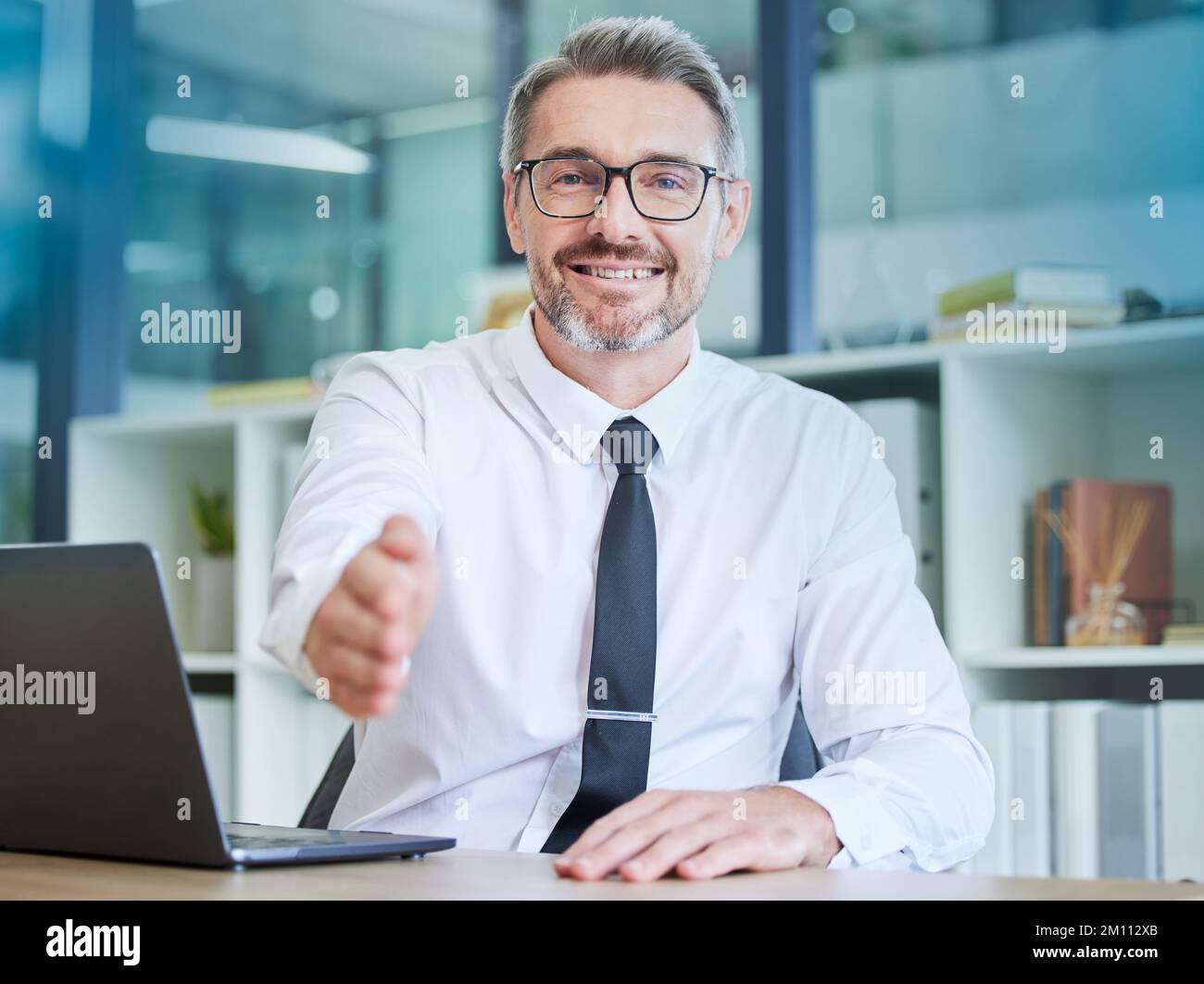 Happy Introduction Businessman, handshake and portrait smile for welcome, greeting or ...