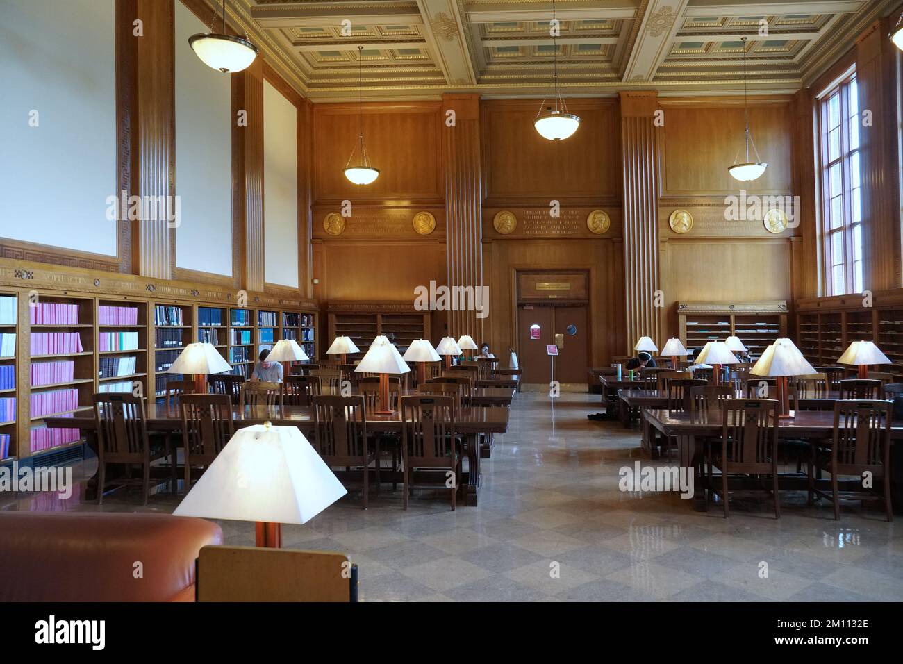 Rochester, NY - August 2022:  Elegant wood panelled study hall at the University of Rochester's library. Stock Photo