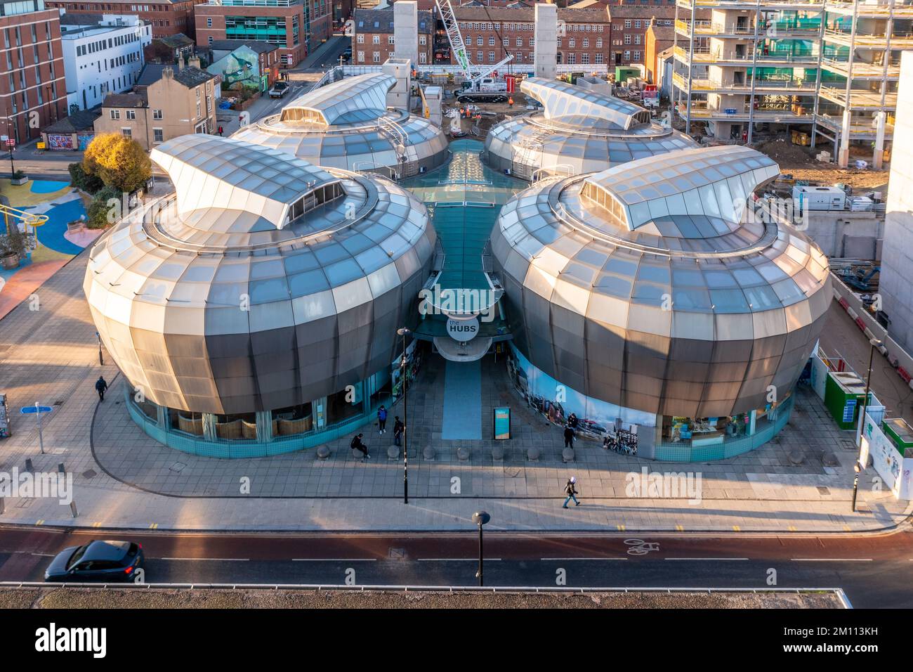 SHEFFIELD, UK - DECEMBER 7, 2022.  An aerial view of Sheffield Hallam University Students’ Union buildings known as The Hubs Stock Photo
