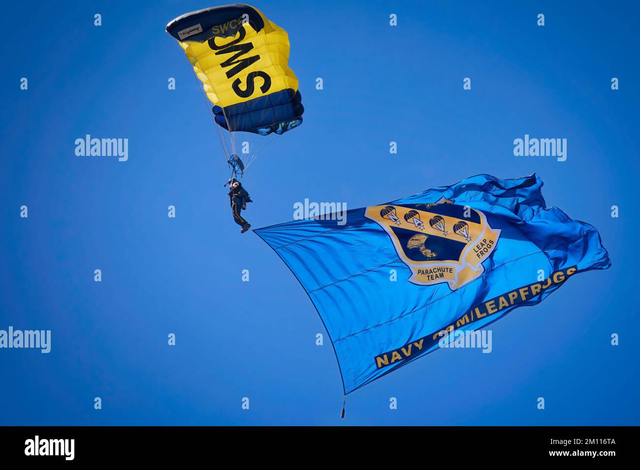 The US Navy Leapfrog parachute team in the skies over the 2022 Miramar Airshow at San Diego, California. Stock Photo