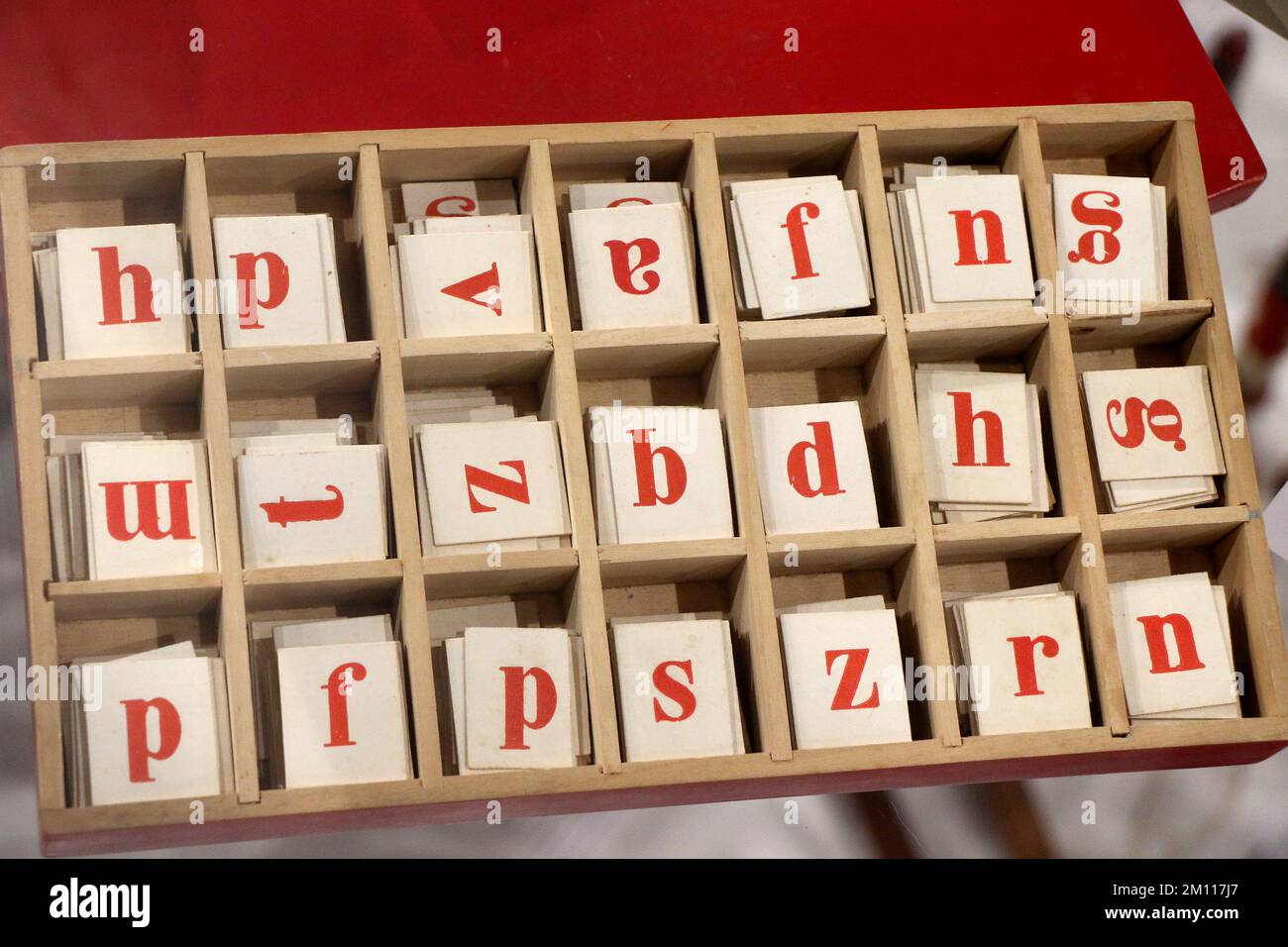 Vintage toy letter tiles for learning to read at school stock photo