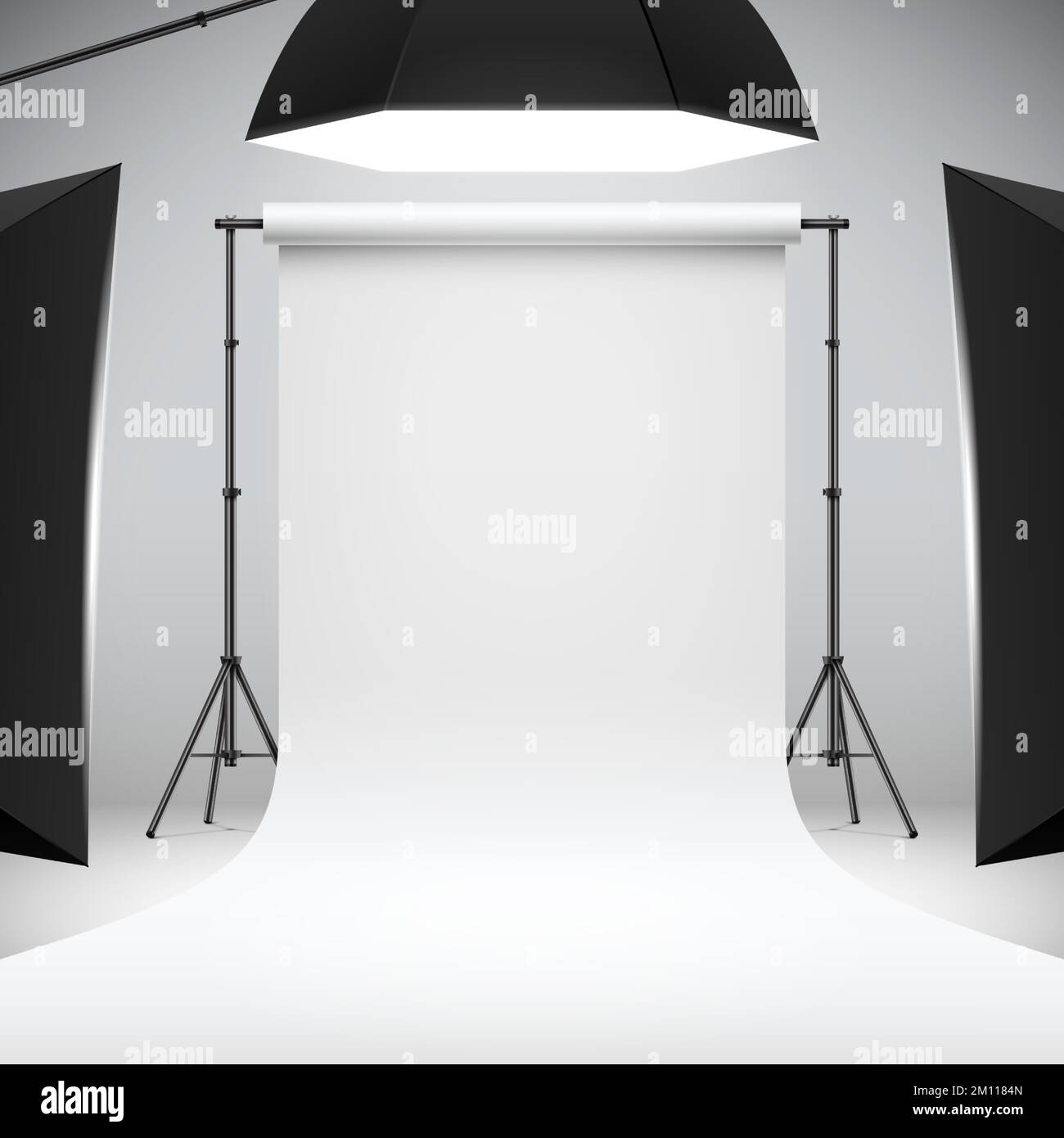 Photo studio white narrow backdrop with soft boxes. Professional photo