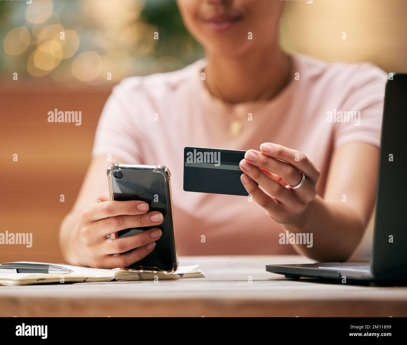 Finance, phone or hands with credit card for a payment after online