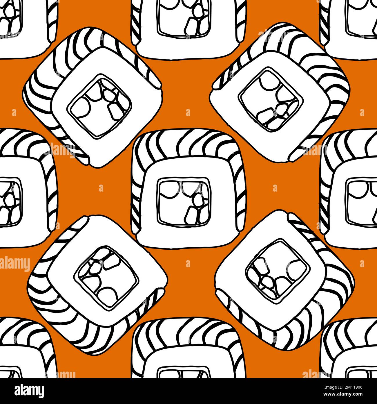 Seamless pattern with Sushi roll doodle illustration on orange ...