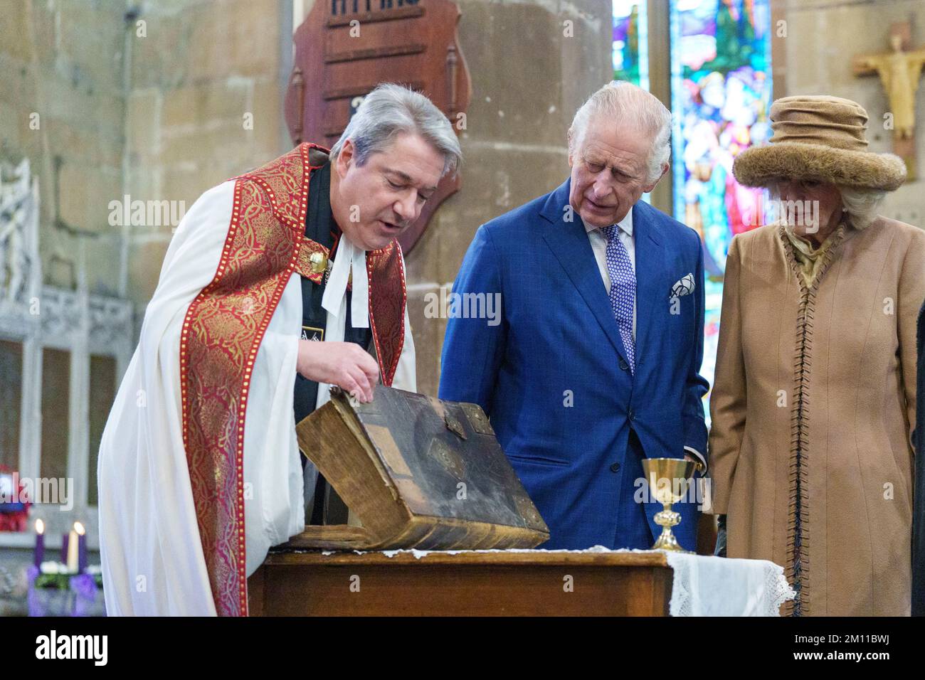 King Charles III and the Queen Consort are shown a first edition King