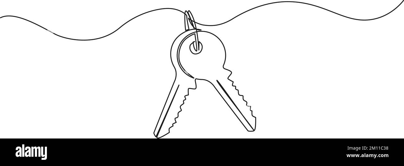 continuous single line drawing of set of keys on key ring, line art vector illustration Stock Vector