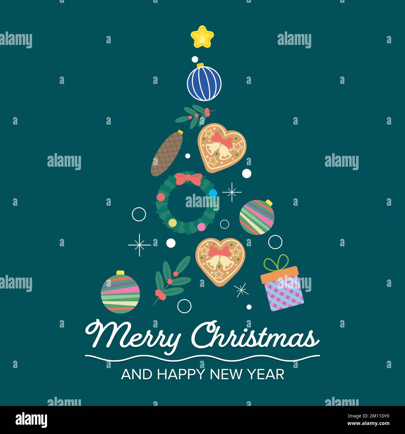 image of christmas tree is composed of star, glass balls, holly berries ...