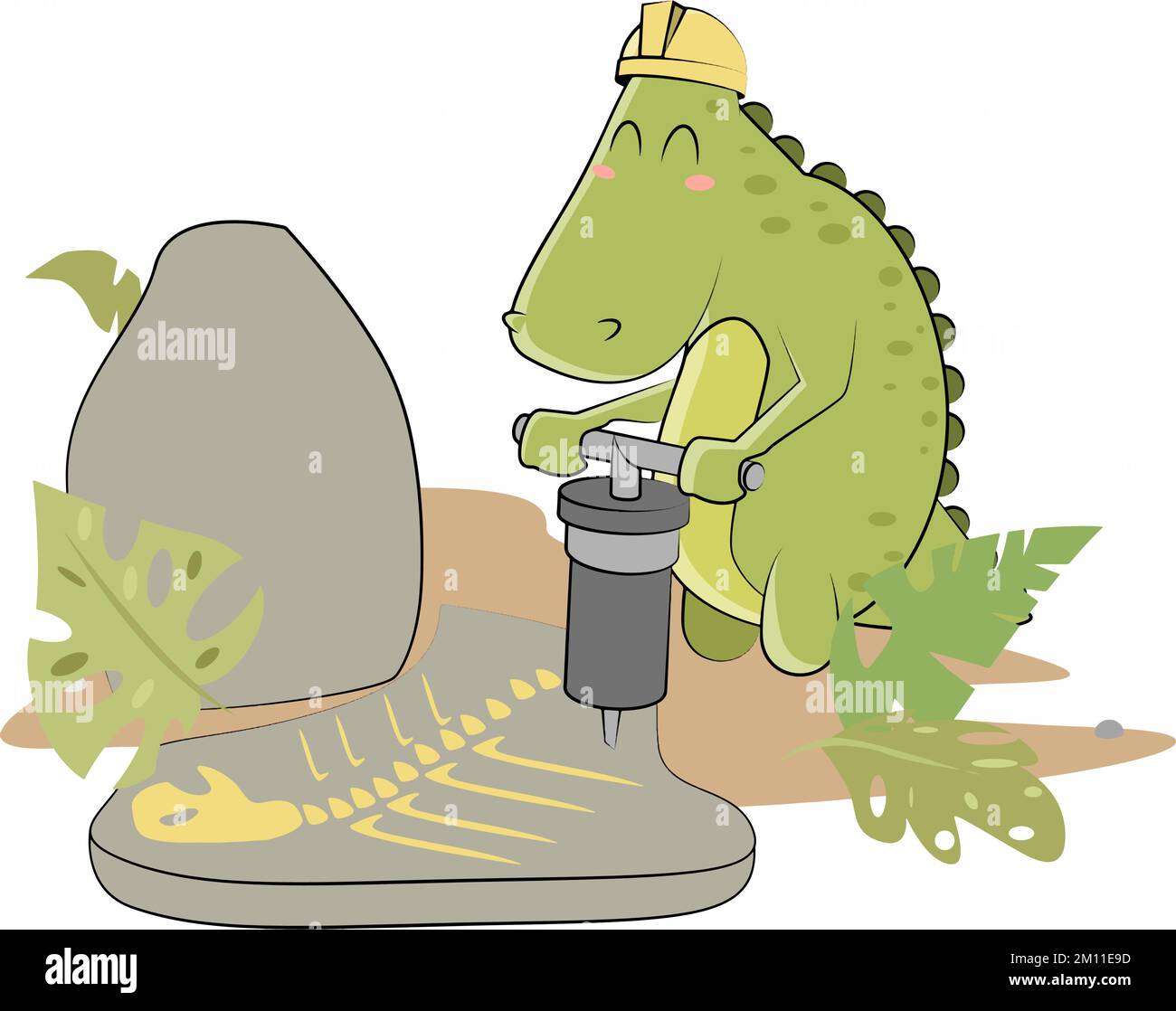 cheerful green dinosaur was engaged in excavations of ancestors Stock Vector