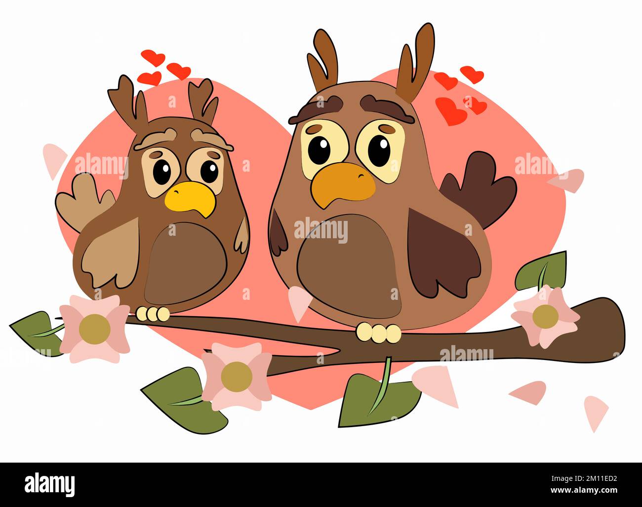 Cartoon owls in love sit on a branch nearby Stock Vector Image & Art ...
