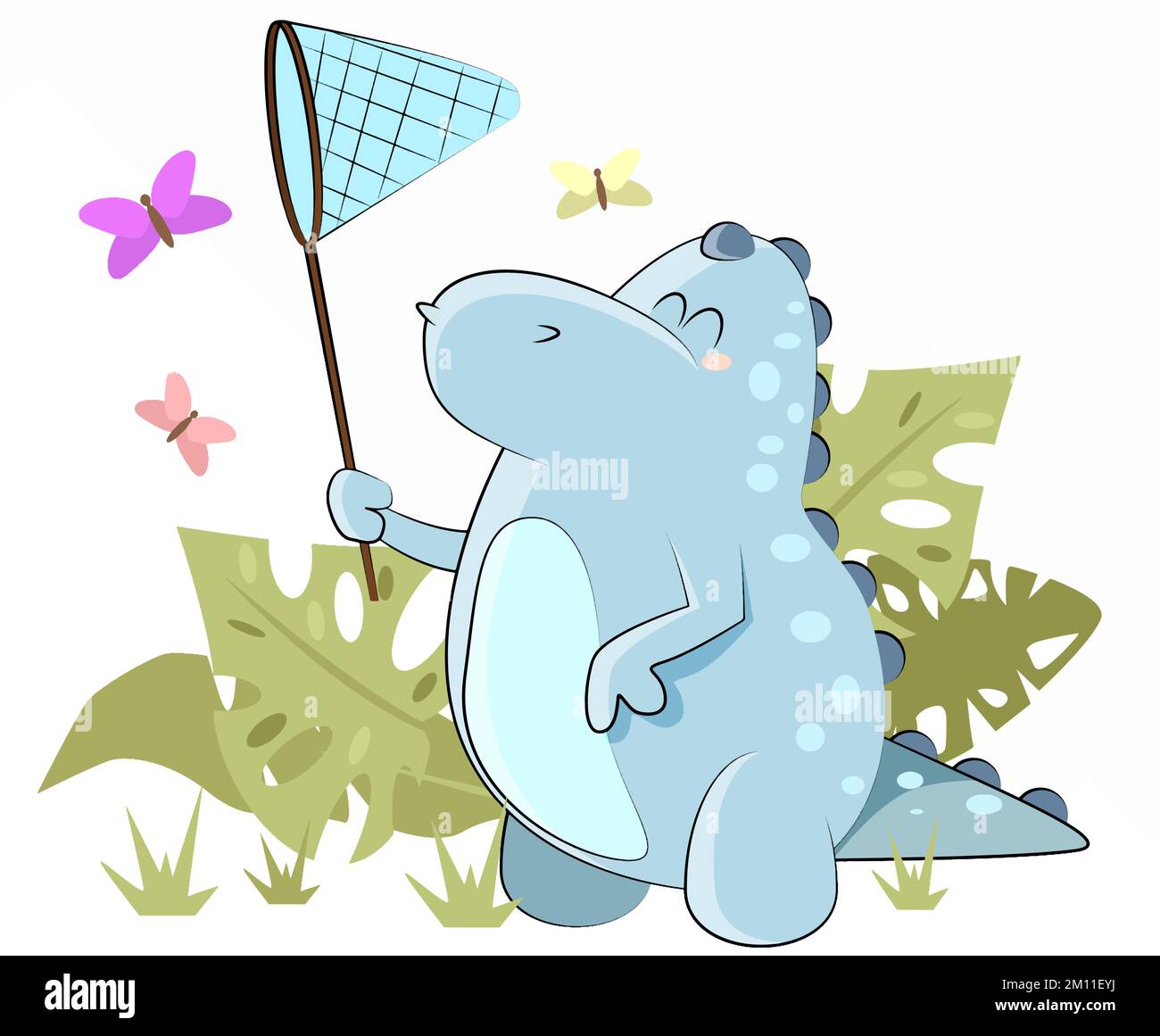 A small blue dinosaur catches colorful butterflies with a net Stock Vector
