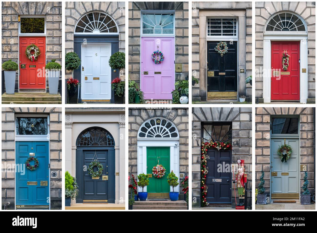 Composite montage of New Town Georgian house front doors with Christmas wreaths and fanlights, Edinburgh, Scotland, UK Stock Photo