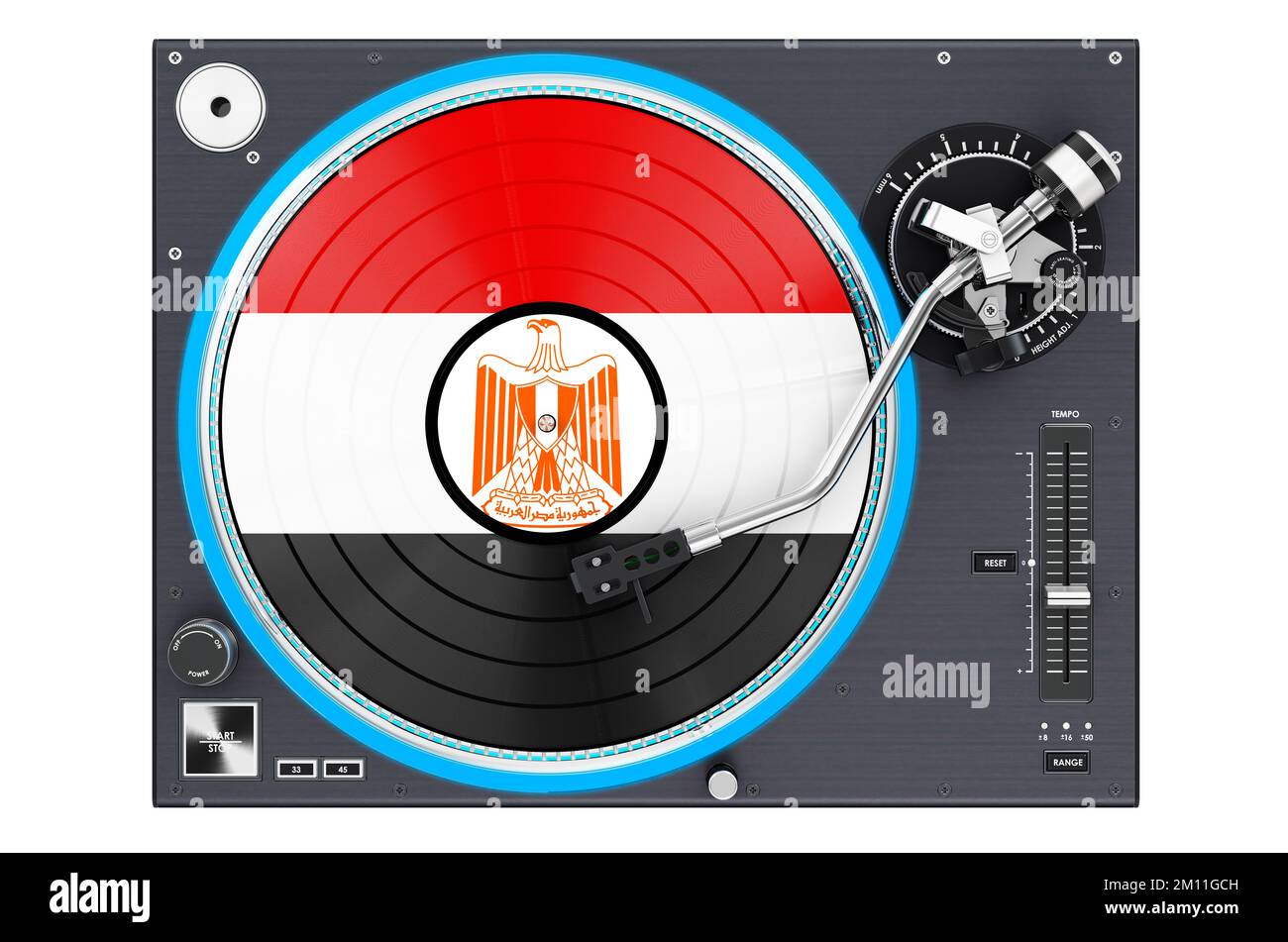 Phonograph Turntable with Egyptian flag, 3D rendering isolated on white
