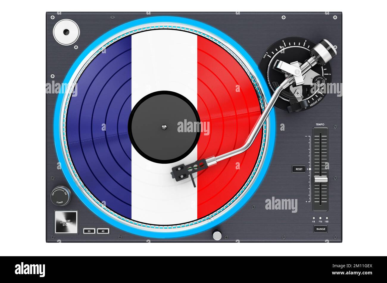 Phonograph Turntable with French flag, 3D rendering isolated on white