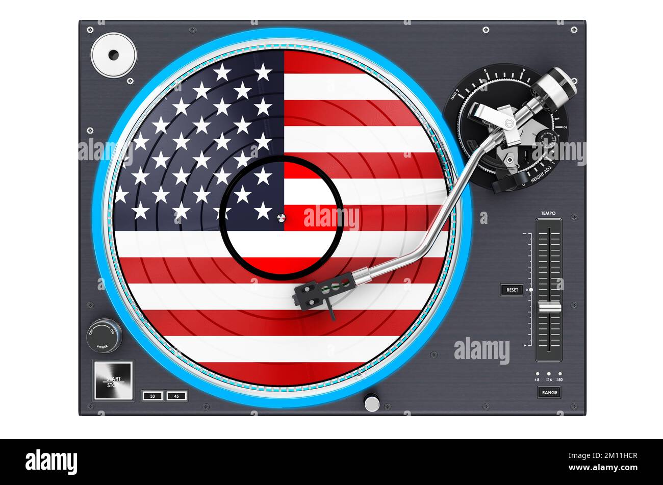 Phonograph Turntable with The United States flag, 3D rendering isolated on white background Stock Photo