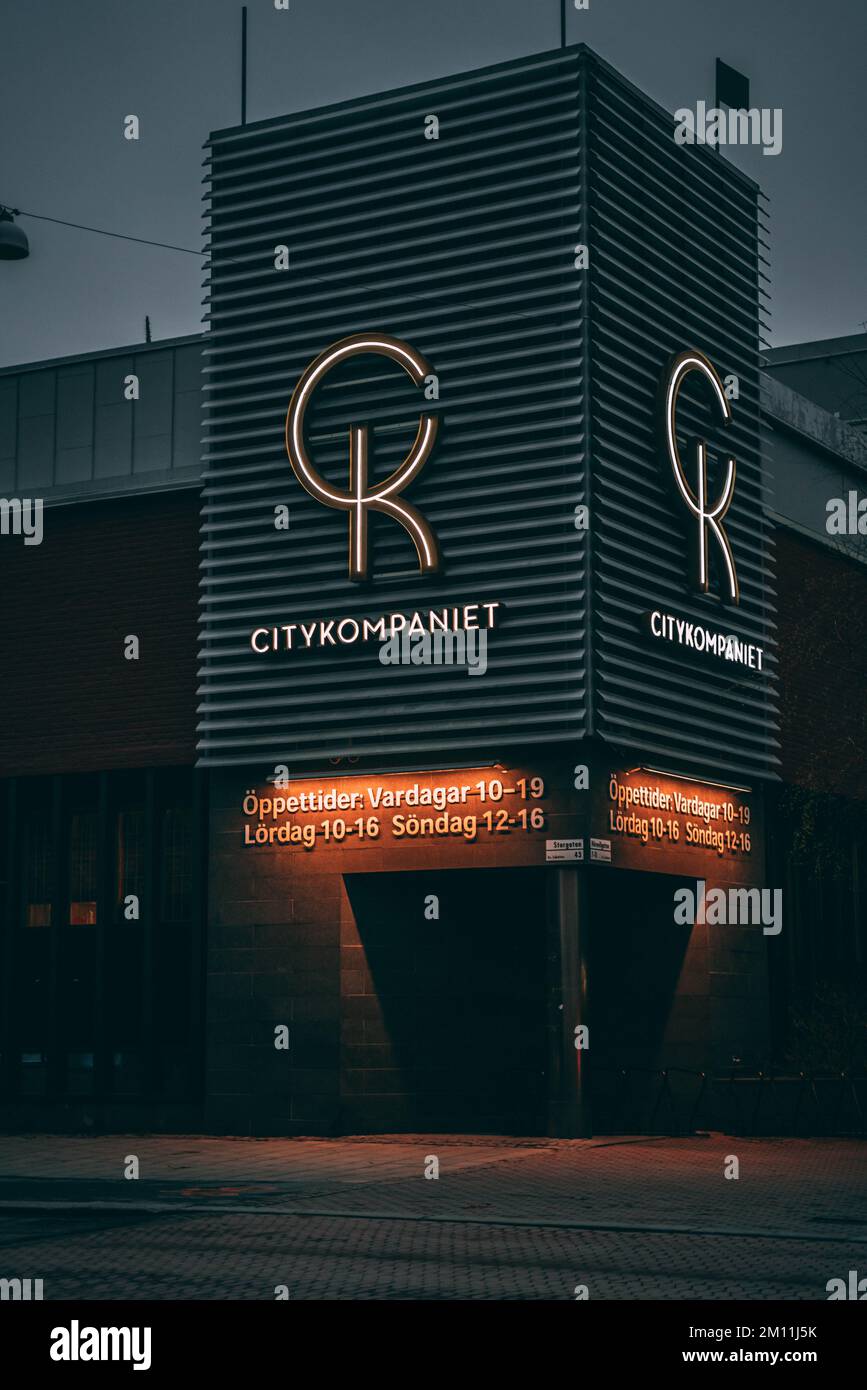 A vertical closeup of a mall logo in Skelleftea, Sweden Stock Photo - Alamy