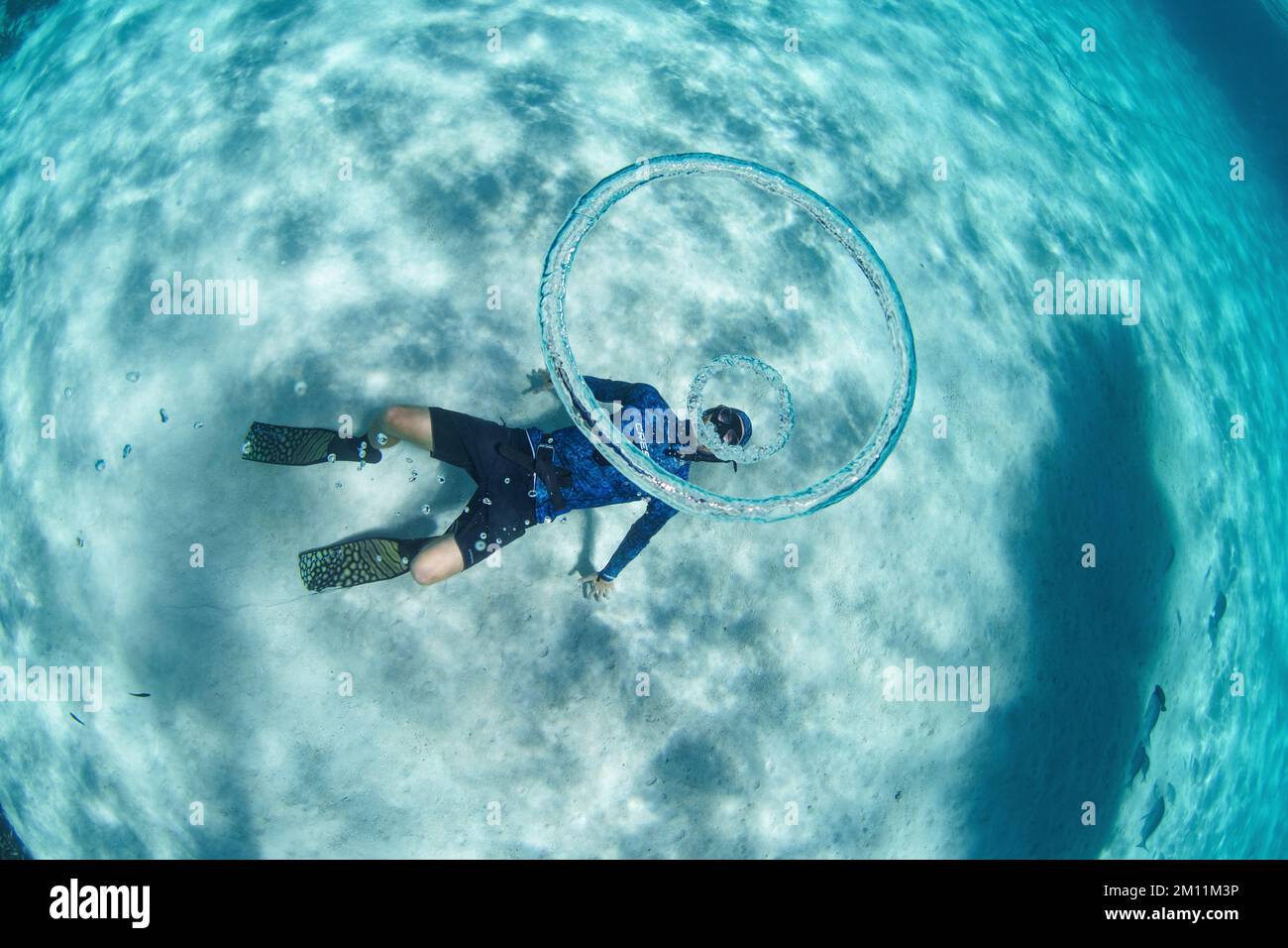 A diver making circle rings under the water Stock Photo - Alamy