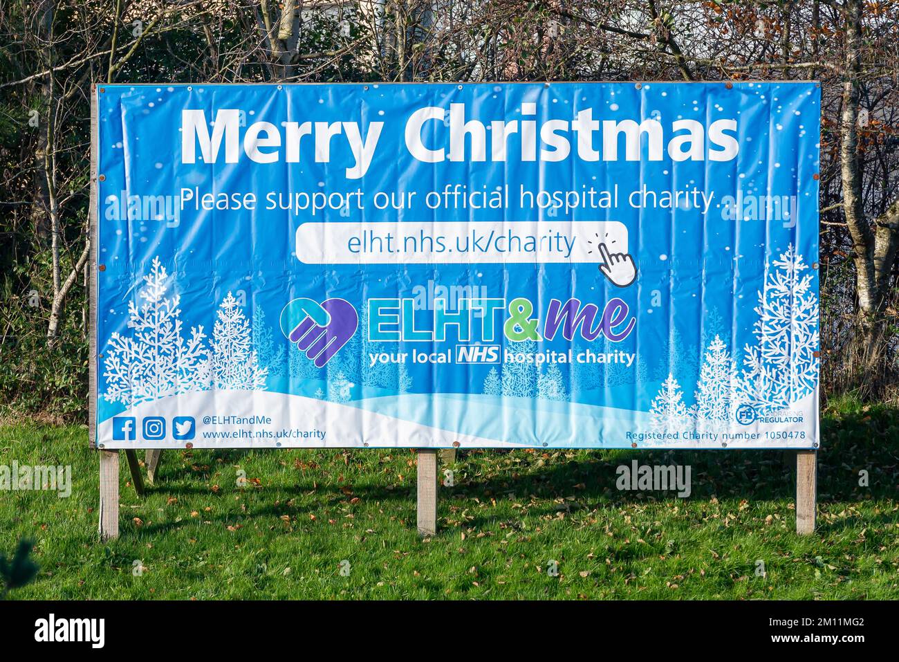 Taken at Royal Blackburn Teaching Hospital, Blackburn, Lancashire, UK on 9 December 2022. ELHT banner, asking for charity support and merry christmas Stock Photo