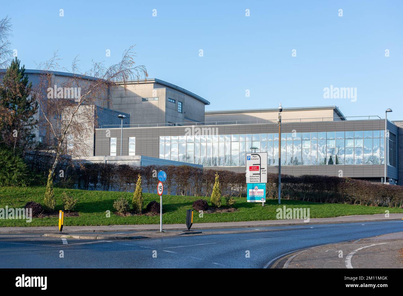 Taken at Royal Blackburn Teaching Hospital, Blackburn, Lancashire, UK on 9 December 2022. Entrance to the hospital grounds Stock Photo