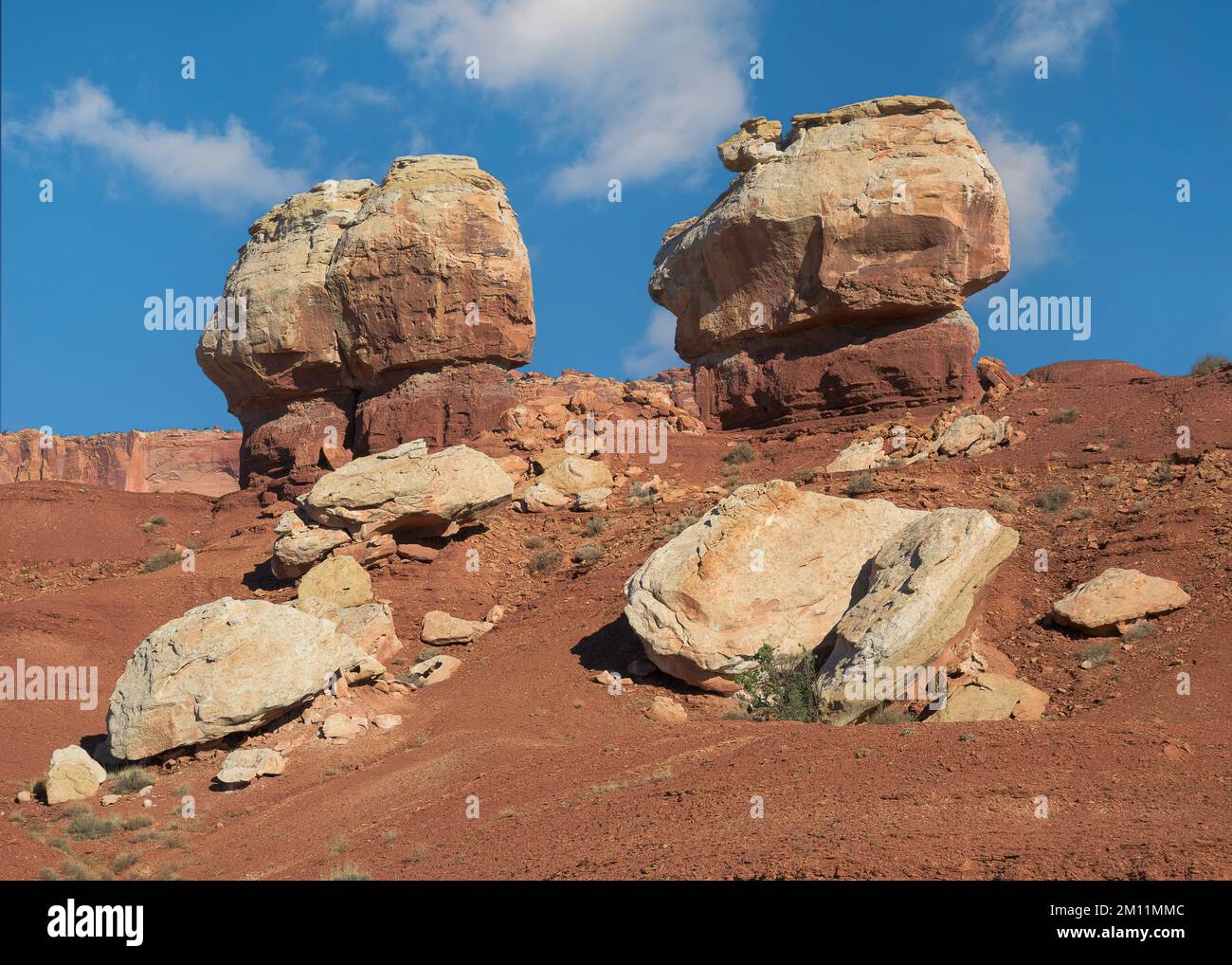 Rock formation known as the Twin Rocks along Utah State Highway 24 in Capitol Reef National Park near Torrey, Utah Stock Photo
