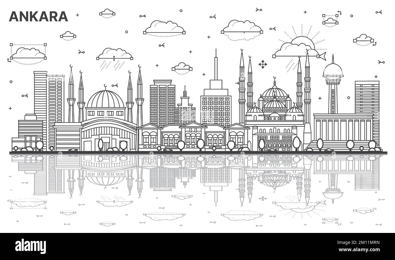 Outline Ankara Turkey City Skyline with Historic Buildings and Reflections Isolated on White. Vector Illustration. Ankara Cityscape with Landmarks. Stock Vector