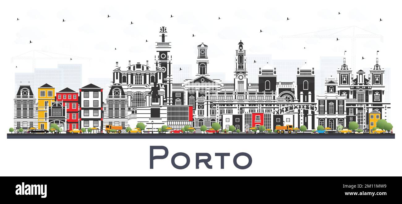 Porto Portugal City Skyline with Color Buildings Isolated on Whıte. Vector Illustration. Porto Cityscape with Landmarks. Stock Vector