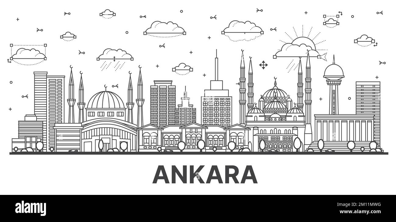 Outline Ankara Turkey City Skyline with Historic Buildings Isolated on White. Vector Illustration. Ankara Cityscape with Landmarks. Stock Vector